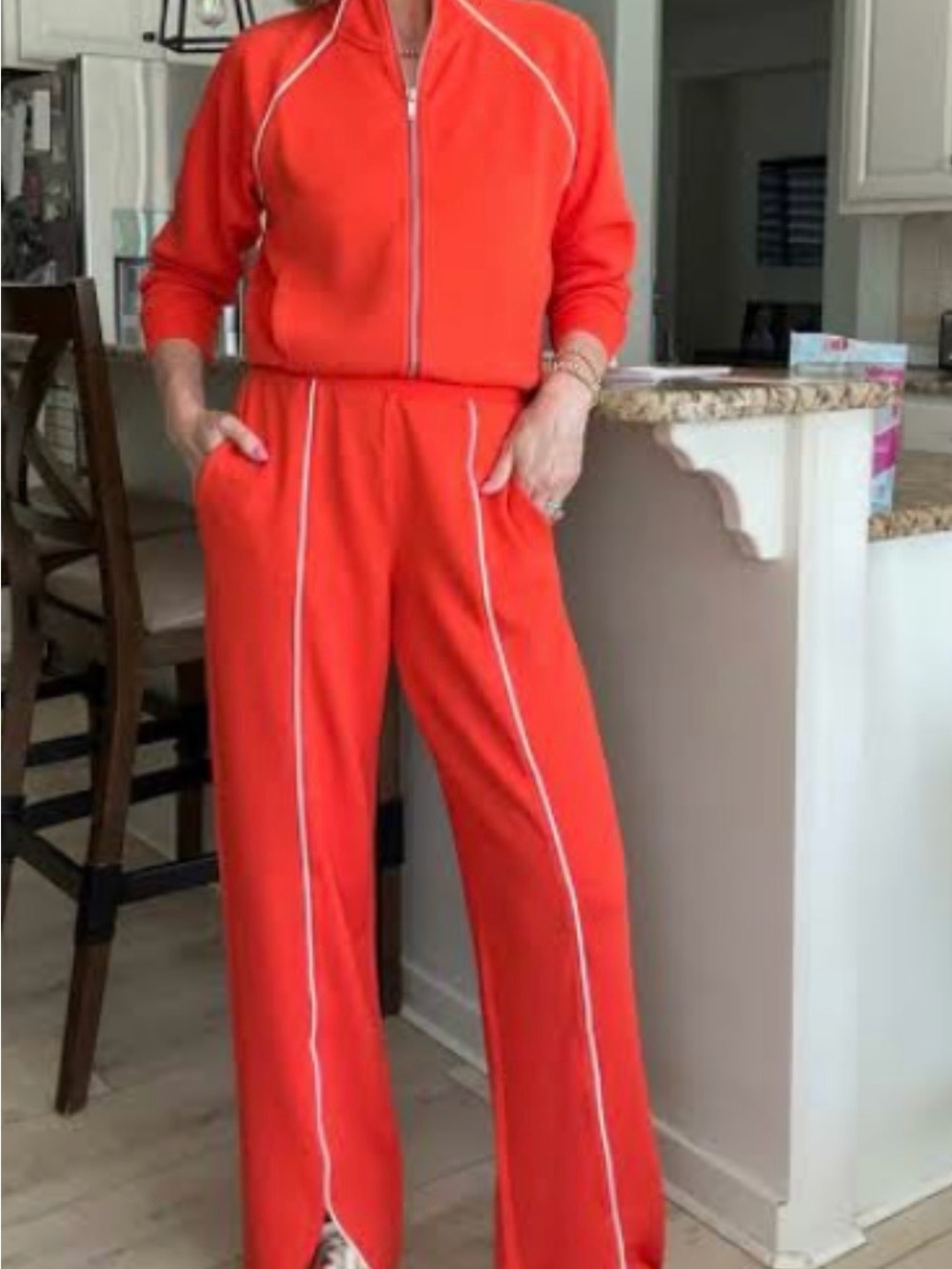 SPANX Bright Coral Wide-Leg Track Pants with White Piping